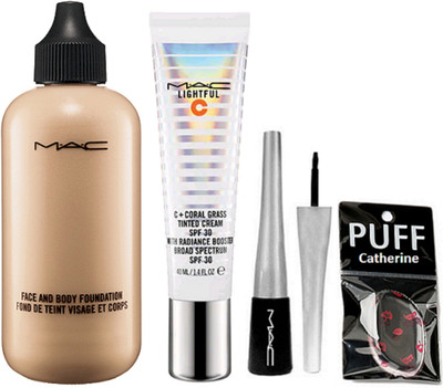 

catherine silicon puff, Mac face and body foundation, lightful tinted cream, liquid eyeliner(Set of 4)