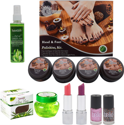 

NutriGlow Hand and foot Polishing kit, Face care (Aloe vera gel + Green tea Toner) With Lipsticks and Nail Paints(Set of 1)
