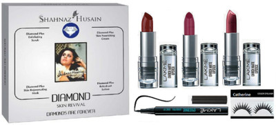 

Catherine Eyelashes & Shahnaz hussian Diamond Facial kit,lakme ENRICH Lipstick(pack Of 3),Lakme Pencil Eyeliner(Set of 6)