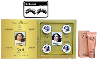 

big basket Eyelashes & Shahnaz Husain Gold Facial Kit, 9 To 5 Weightless Mousse Foundation(Set of 3)