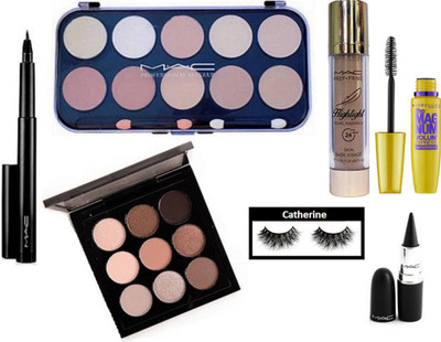 

catherine Eyelashes With Mac 10 Concealer palette,9 Shade Eyeshadow palette, prep+prime highlighter With pen Eyeliner And the mag num mascara, Stick Kajal(Set of 7)