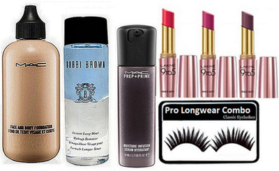 

Pro Longwear combo Eyelashes,mac Face & Body Foundation,Bobbi Brown Makeup remover,Prep+Prime Moisture Infusion Face Serum,Lakme 9to5 Primer matte Lipstick(Pack Of 3)(set of 7)(Set of 7)