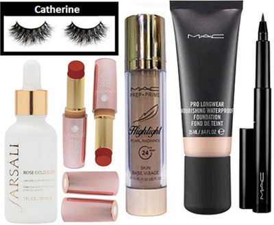 

catherine eyelashes, Mac pro long wear nourishing waterproof foundation, prep+prime highlighter, pen eyeliner, lakme 9to5 lipstick pack of 2, farsali rose gold fae serum(Set of 2)