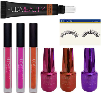 

glorist eyelash and huda Liquid Lipsticks, 3 Mirror Nail Paints,conceler(Set of 8)
