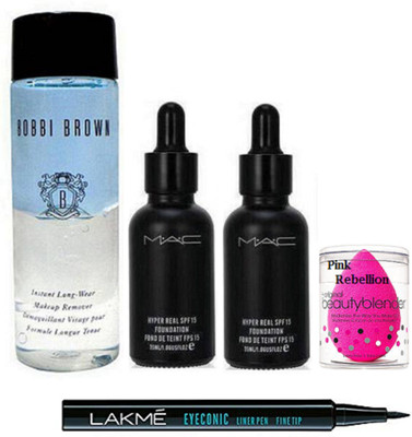 

Pink Rebellion Sponge Puff & Mac Hyper Real Foundation (Pack Of 2) & Bobbi Brown Makeup Remover & Lakme Pen Eyeliner(Set of 4)