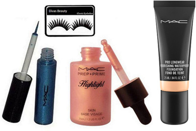 

divas beauty Eyelashes, Mac Blue Glitter Eyeliner & Prep+Prime Highlighter, Pro Longwear Nourishing Waterproof Foundation(Set of 4)