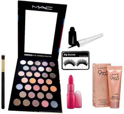 

big Basket Eyelashes, Mac Makeup 32 Professional Multi Colour Eye Shadows Palette, Brush, liquid Eyeliner, GiAMBATTiSTA VALLi Paris Lipstick, 9 To 5 Weightless Mousse Foundation(Set of 6)