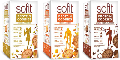 

Sofit Protein cookies Combo of ( Natural Cocoa + Raisins) + Flax Seeds & Mango + Almond(1350 g, Pack of 3)