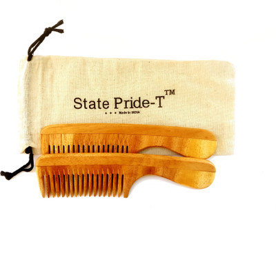 

State Pride-T Neem Wooden comb for men and women pack of 2 with Free Cotton Pouch