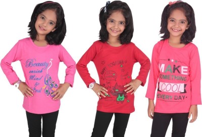 DIAZ Girls Printed Cotton Blend T Shirt(Pink, Pack of 3)
