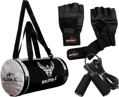 

Star X Black Gym Bag, Gym Gloves, and Skipping Rope Combo Pack, Gym Bag Combo Kit Gym & Fitness Kit Gym & Fitness Kit