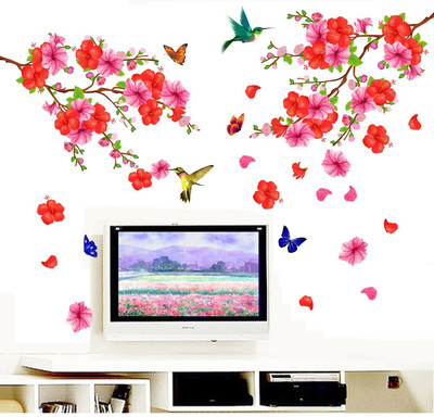 Aquire 155 cm Wall Stickers Humming Bird Butterflies and Hibiscus Flower TV Background Self Adhesive Sticker(Pack of 1)