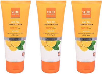 

VLCC ANTI TAN SUN BLOCK LOTION SPF25 PA+ WITH LEMON 150ML pack of 3 - SPF 25 PA+(450 ml)
