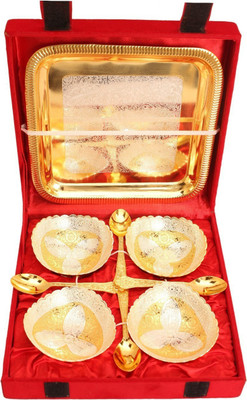 

IndianArtVilla 4 Bowl 4 Spoons 1 Tray Silver Plated Bowl Set(Gold, Silver, Pack of 9)