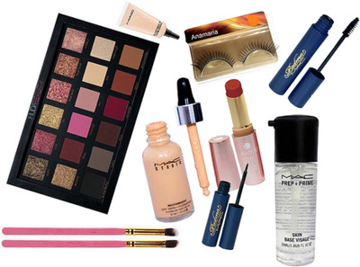 

anamaria Eyelashes & Mac Water Weight Foundation & Lakme 9 to 5 Lipstick & Padma Mascara+Eyeliner & Prep+Prime Primer & Select Cover Up concealer & Makeup Brush 2 & Desert Dusk Palette(Set of 10)