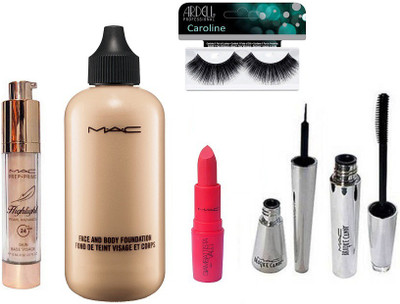 

caroline Eyelashes, Mac Face & Body Foundation, Pearl Radiance Highlight, Brooke Candy Eyeliner & Mascara & Giambattista valli lipstick(Set of 6)