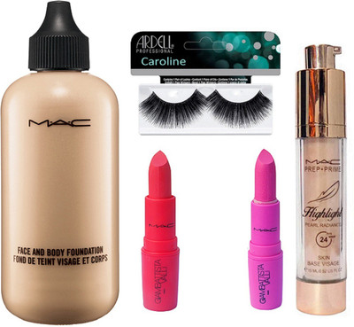 

caroline Eyelashes, Mac face and body foundation, Pearl Radiance Highlight & Giambattista valli lipstick(Set of 5)