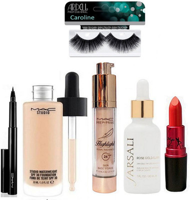

caroline Eyelashes & Studio Water weight Foundation Mac & Pearl Radiance Highlight & Farsali Face Serum & Lady Gaga Lipstick & Pen Eyeliner(Set of 6)