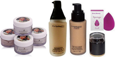 

divas beauty Sponge Puff, Mac Studio WaterWeight Liquid Foundation, MatchMaster Liquid Foundation SPF15, Shahnaz Husain Diamond Skin Revival Facial Kit(Set of 5)