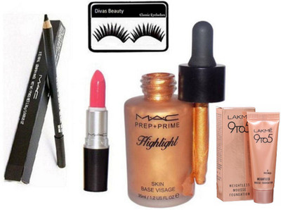 

divas beauty Eyelashes With Crayon Kohl Eye Pencil Kajal, Lipstick With Prep+Prime Highlight Skin Base Visage, 9 To 5 Weightless Mousse Foundation(Set of 5)