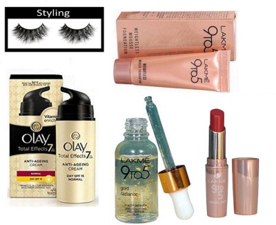 

Styling Eyelashes With 9to5 gold radiance youth infinity skin face serum With Weightless Mousse Foundation & olay Total Effect 7 in one anti-ageing Cream & 9to5 crease-less Lipstick(Set of 5)