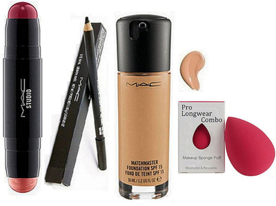 

Pro longwear combo Sponge Puff, Match Master Fond De Teint Foundation,2 In 1 Concealer Contro Stick,,Pencil Kajal(Set of 4)