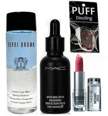 

Dazzling Silicon Puff ,Mac Hyper Real foundation, Lakme enrich satin finish Lipstick & Bobbi Brown Insta Liquid Make Up Remover (Set of 4)(Set of 4)