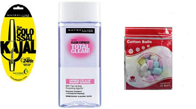 

Maybelline Total Clean Express Eye & Lip Make Up Remover 70ml with Colossal Kajal and Cottan Balls Packet(Set of 3)