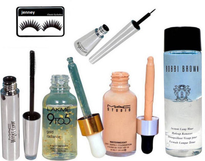 

jenney eyelashes , lakme 9 to 5 gold radiance , mac studio waterweight foundation , bobbi brown instant long wear makeup remover , brooke candy eyeliner & mascara(Set of 6)