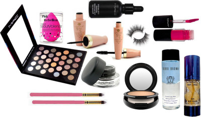 

Pink Rebellion Sponge Puff & Mac 32 Eyeshadow Palette & Lakme 9 To 5 Eyeliner+Mascara & Gel Eyeliner & Makeup Brush & Bobbi Brown Makeup Remover & Compact & Skin Base Visage Primer & Hyper Real Foundation & Lip Gloss(Set of 12)