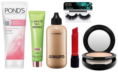 

BRUTUS Eyelashes, Mac Face And Body Foundation, Compact, Liptensity lipstick, Pond's White Beauty Spot-Less Fairness Face Wash, 9to5 Naturale Cc Cream.(Set of 6)