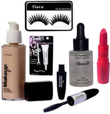 

tiara Eyelashes, Eyelashes Glue, Makeup Foundation, Color bar Eyeliner& Mascara, Mac Primer Oil , Giambattista valli Lipstick(Set of 6)