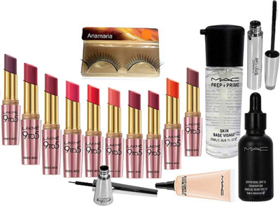 

anamaria Eyelashes & Mac Hyper Real Foundation & Lakme 9 to 5 Primer Matte Lipstick (Pack Of 10) & Bobbi Brown Mascara+Eyeliner & Prep+Prime Primer & Select Cover Up concealer(Set of 16)