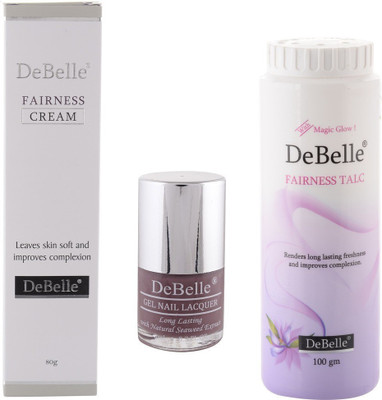 

DeBelle Combo of 80g Fairness Cream & 100g Fairness Talc and 8 ml Gel Nail Lacquer Majestique Mauve, (Mauve)(Set of 3)