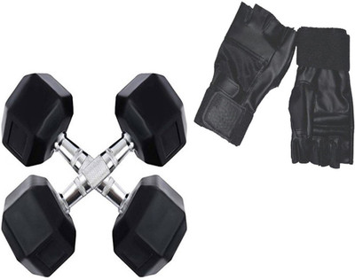 

StepInnStore ''BEST QUALITY '' HEXA RUBBER DUMBBELL 10 KG (5KG EACH) WITH LEATHER GYM GLOVES Gym & Fitness Kit