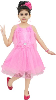 Chandrika Indi Girls Midi/Knee Length Casual Dress(Pink, Sleeveless)