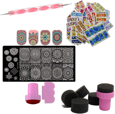 

STZ Nail Art Combo - 19 Designs-in-One Nail Art Stamping Plate - Stamper Scraper - Dotting Tool - 10 Sheets of Water Transfer Nail Art Stickers(Silver)