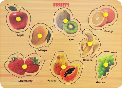 

Miss & Chief Wooden Puzzle Fruits Characters Tray with Knobs | Pre-School Game Toys | Wooden Tray | Learning Tray(8 Pieces)