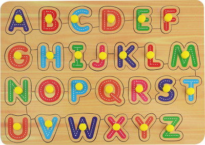 

Miss & Chief Wooden Puzzle Alphabet Characters Tray with Knobs | Pre-School Game Toys | Wooden Tray | Learning Tray For Kids | Non-Toxic- Multicolour(26 Pieces)