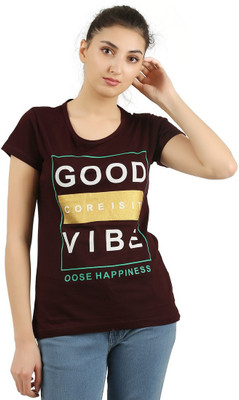 MIDAAS Printed Women Round Neck Brown T-Shirt