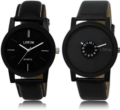 LOREM Black Round Boy's Leather Analog Watch  - For Men