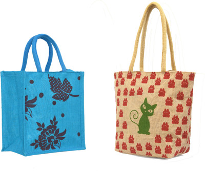 

AGGDA **2 BAGs COMBO**Women Waterproof Jute Cat Paw Printed Tote Shoulder Bag Handbag Eco-Friendly with & Blue Leaves Printed with Rope Handle Jute Tiffin Lunch Handbag. Waterproof Multipurpose Bag(Beige, 16 L)