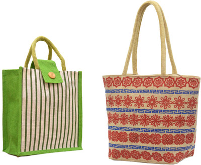 

AGGDA **2 BAGs COMBO**Women Waterproof Jute Multi Flower Printed Tote Shoulder Bag Handbag Eco-Friendly with & Green Stripes Printed with Rope Handle Jute Tiffin Lunch Handbag. Waterproof Multipurpose Bag(Beige, 16 L)