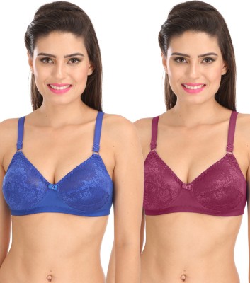 SONA Sona Salsa L007 Women'S T-Shirt Full Coverage Lace Non-Padded Non-Wire Bra For Women Pack of 2 Women T-Shirt Non Padded Bra(Purple, Blue)