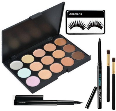 

anamaria Eyelashes & 15 Shades Concealer Palette & Eyeconic Kajal & Pen Eyeliner With Makeup Brush 2(Set of 6)