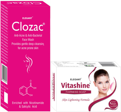 

Elegant VItashine Fairness Soap With Clozac Anti - Acne & Anti - Bacterial Face Wash 60ml(Set of 2)
