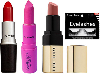 

POWER POINT Eyelashes , Mac long lasting lipstick and Giambattista pink lipstick & Bobbi brown nude shade lipstick(Set of 4)