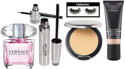 

catherine eyelashes, Mac studio perfect compact, pro long wear foundation, brooke candy eyeliner and mascara, versace bright crystal spray(Set of 6)