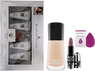 

divas beauty sponge puff & Mac Minerlize SPF 15 Liquid Foundation with mac Brook Candy Matte Finish Long lasting Lipstick, Shahnaz Husain Diamond Plus Facial Kit(Set of 4)