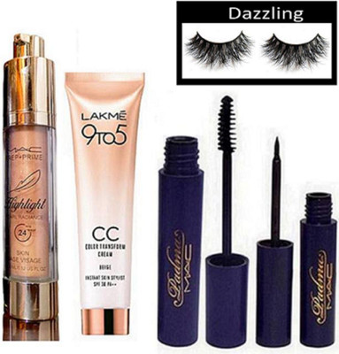 

Dazzling Eyelashes, Mac Prep+prime Highlighter, Padma Eyeliner & mascara, 9to5 CC Color Transform Cream(Set of 5)